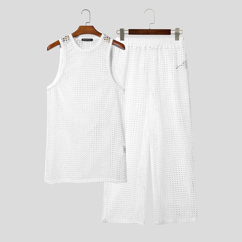 INCERUN Summer Men Beach Sets Sleeveless Hollow Tops Elastic Waist Pants Two-piece Suits