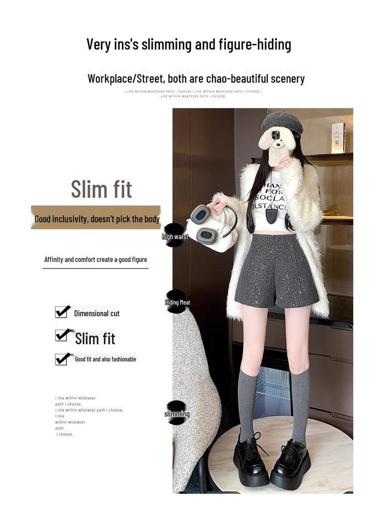 Black Woolen High Waist Women's Booty Shorts - Autumn Winter 2024 Korean Style Slim Fit Straight-Leg Shorts