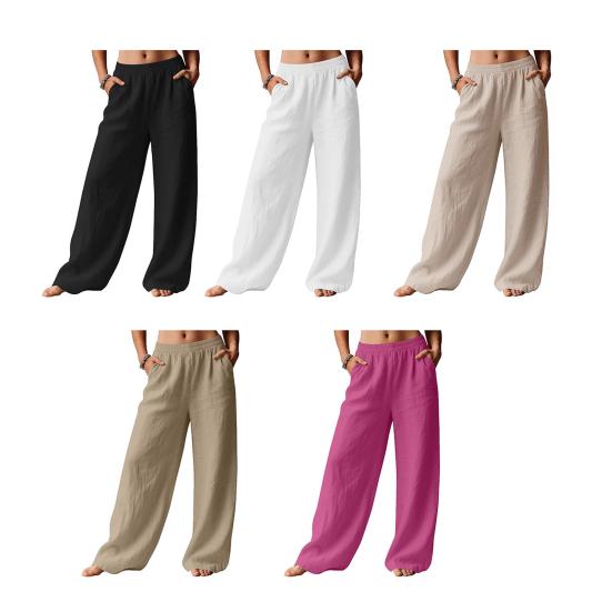 Damen Hose Hohe Taille Gerade Weiter Bein Lange Hose mit Elastischem Bund Tiefe Taschen Knitterarm Casual Hose