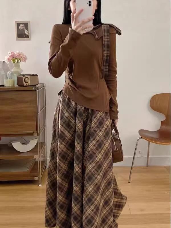 Amber Plaid Two-Piece: Bow Long Sleeve Top & Retro Skirt Set