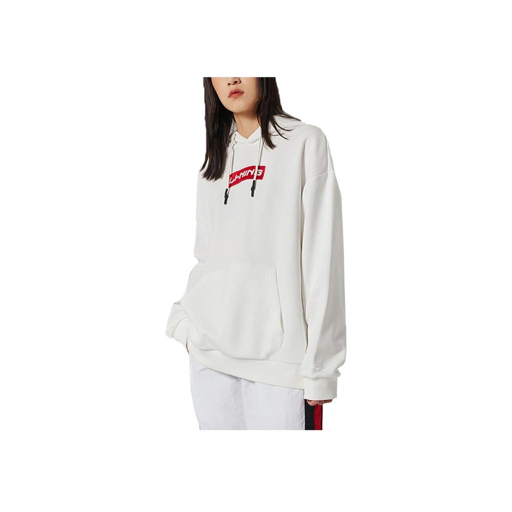 Li Ning Pullover Long Sleeve Hooded Knit Sweatshirt Men Sweatshirts Off-White AWDQ646-1