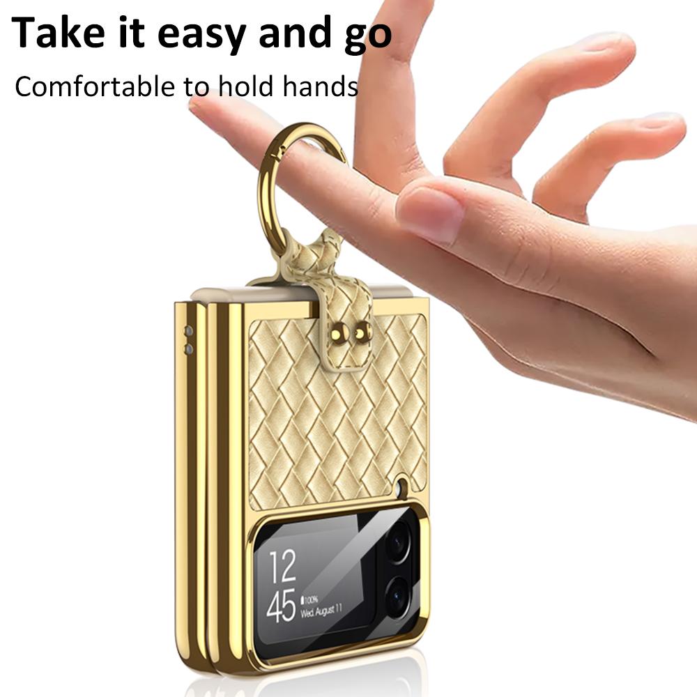 Ring Stand Capa For Samsung Galaxy Z Flip 4 5g Flip4 Case Plating Weave Textured Leather Lens Tempered Glass Plastic Pc Cover
