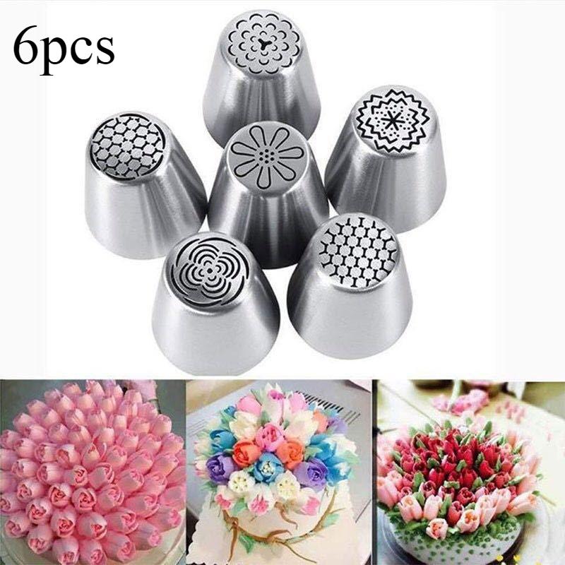 6PCS Piping Tips Set Flower Frosting Tips Nozzles Icing Tips Stainless Steel Flower Cake Icing Piping Nozzles Decorating Tips