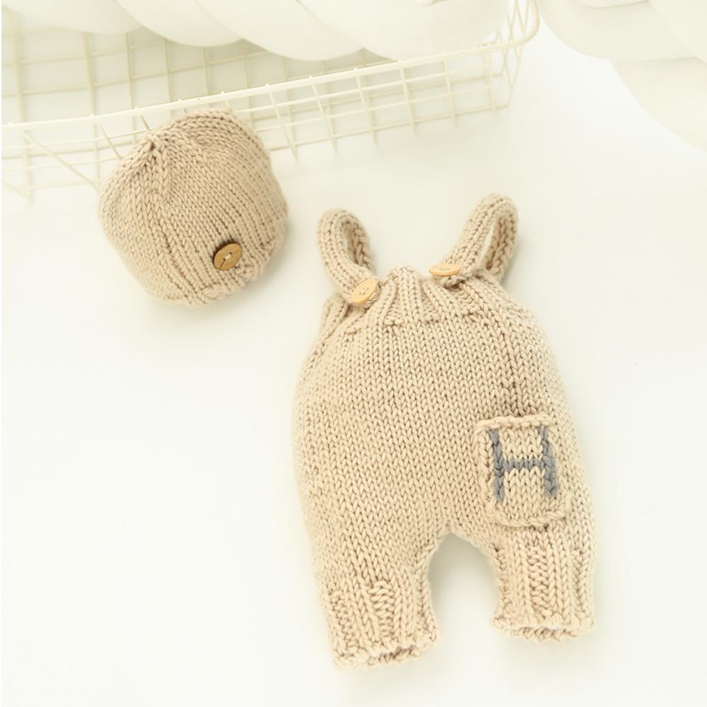 2020 Newborn Photo Props: 2-Color Knit Baby Overalls & Hat Set