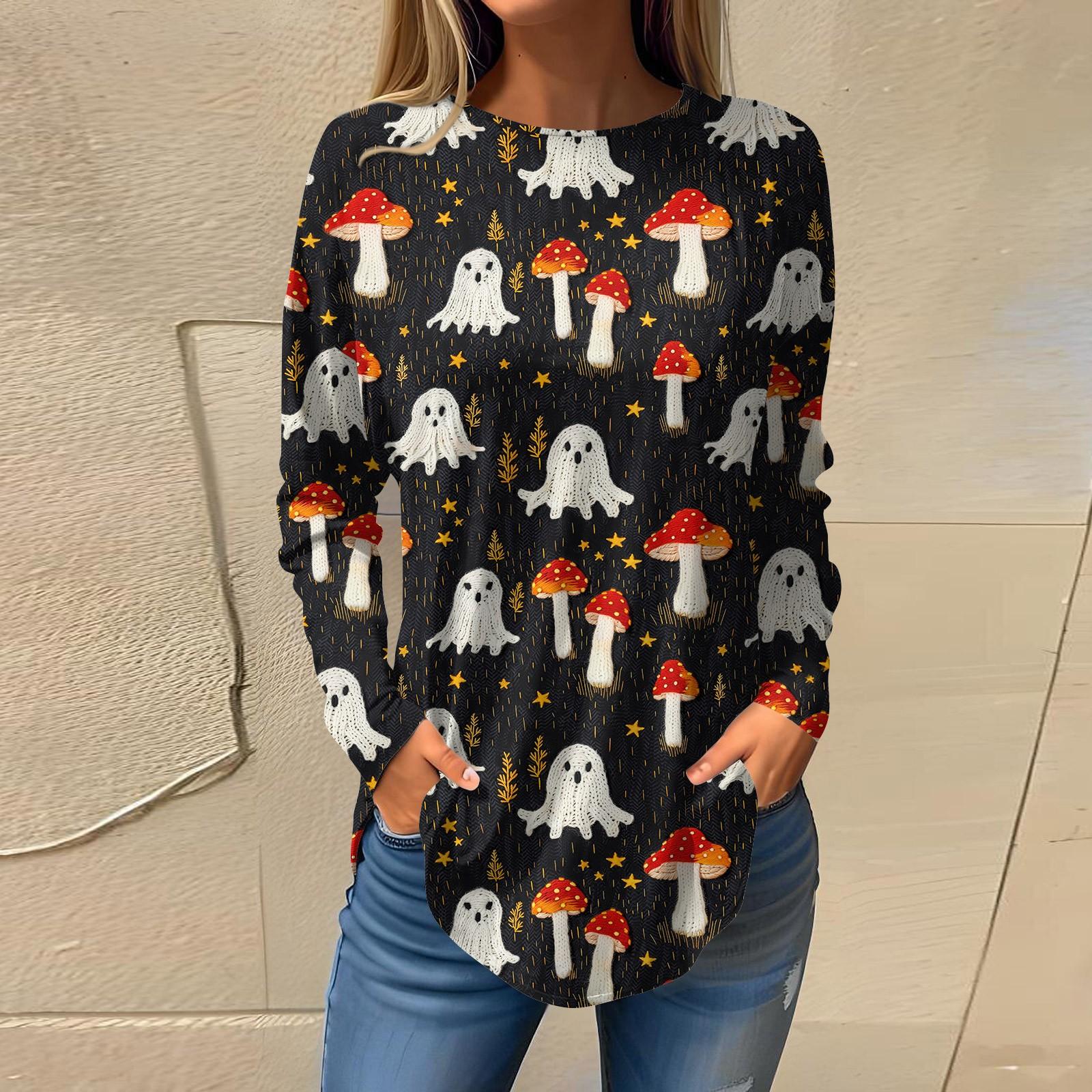 

Женская свободная футболка с круглым вырезом и принтом на Хэллоуин с длинными рукавами, топ, пуловер, свитшот с длинными рукавами XXXL чёрный