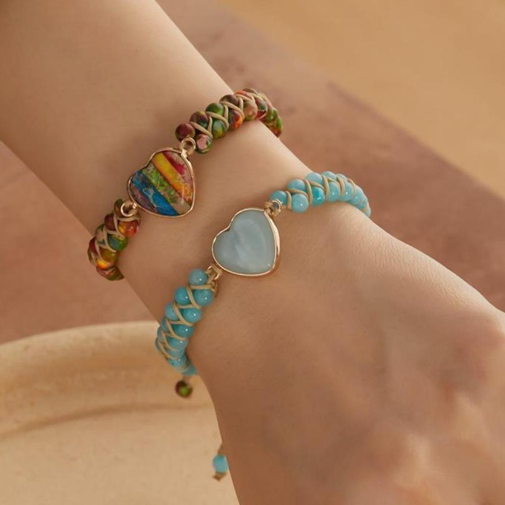 Colorful Stone Beads Weave Bracelets Hand Jewelry Heart Bead Bangle  Girls