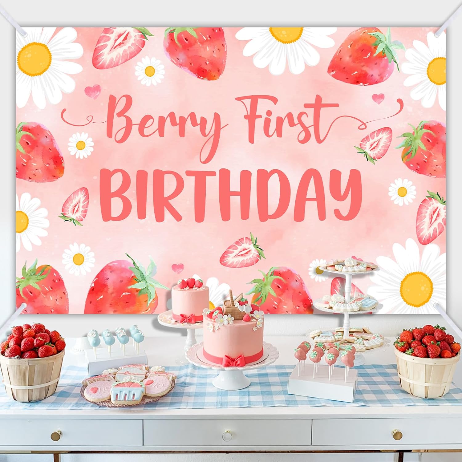 Strawberry Daisy Party Decorations Strawberry Daisy First Birthday Backdrop Berry First Birthday Decorations Strawberry Theme Birthday Party Supplies