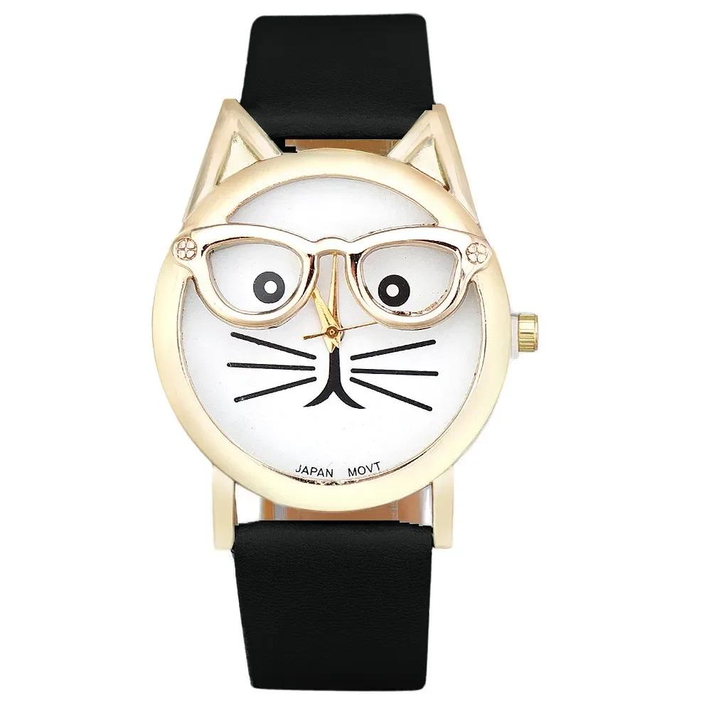 

Fashion Leopard Print Watches Women Cute Glasses Cat Watches Ladies Faux Leather Band Quartz Wristwatches Best Gift Montre Femme чёрный