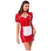 Women's French Maid Costume S-XXL - Hollow Out Lace Glossy PU Dress with Detachable Bow for Halloween Party