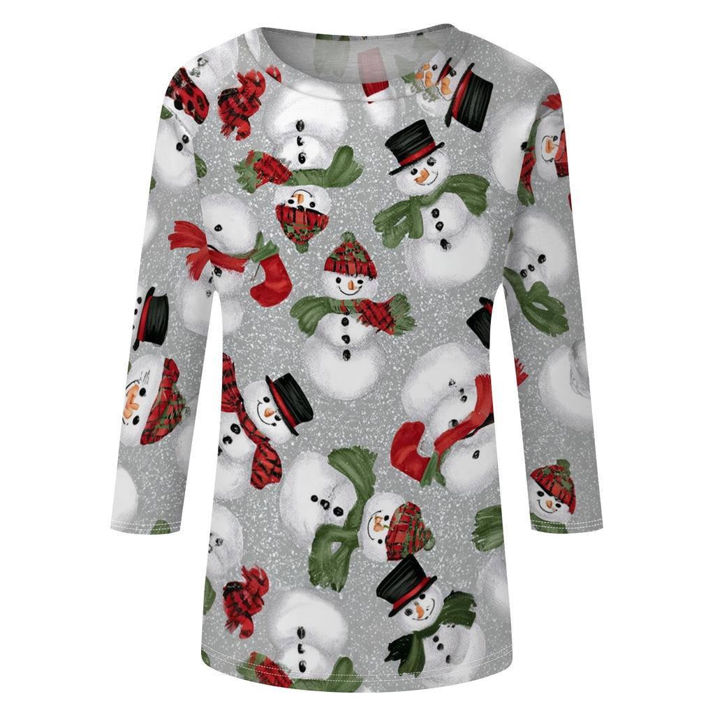 Women's Casual Three-Quarter Sleeve Neck Christmas Print Top