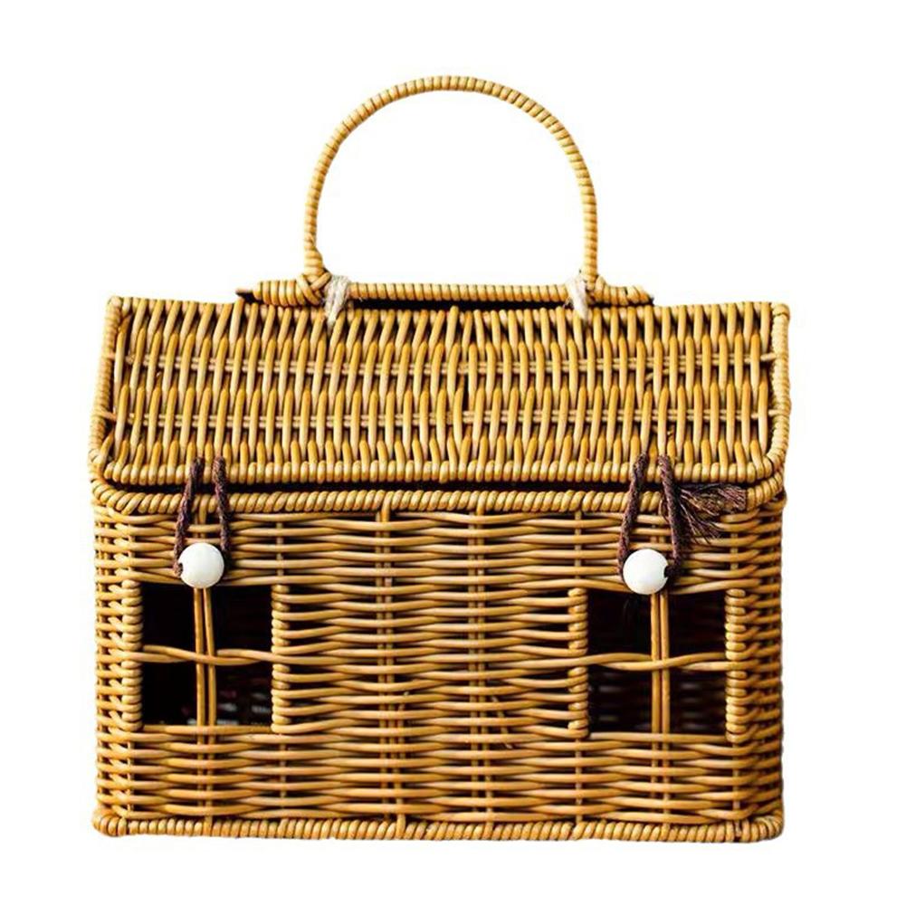 Rattan House Shaped Basket with Lid, Decorative Hand Woven Shelf Organizer with Folding Handle, Harvest Wicker Basket For Picnic