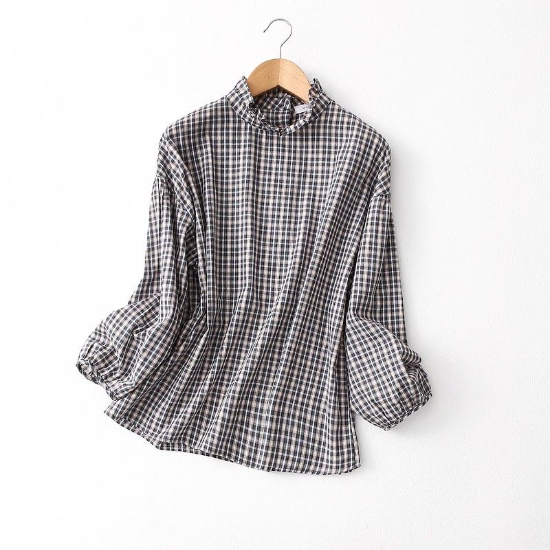 Japanese Style Artistic Loose Slimming Versatile Lattice Shirt Women's Spring and Summer Long Sleeves Ruffles Stand Collar Pullover Thin Shirt