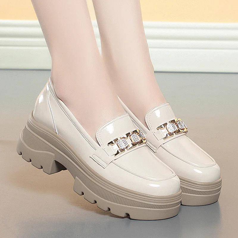 5.5cm British Style Thick Bottom Patent Leather Loafers Women's Platform Shoes 2025 Spring Shallow Block Heels Shoes Office