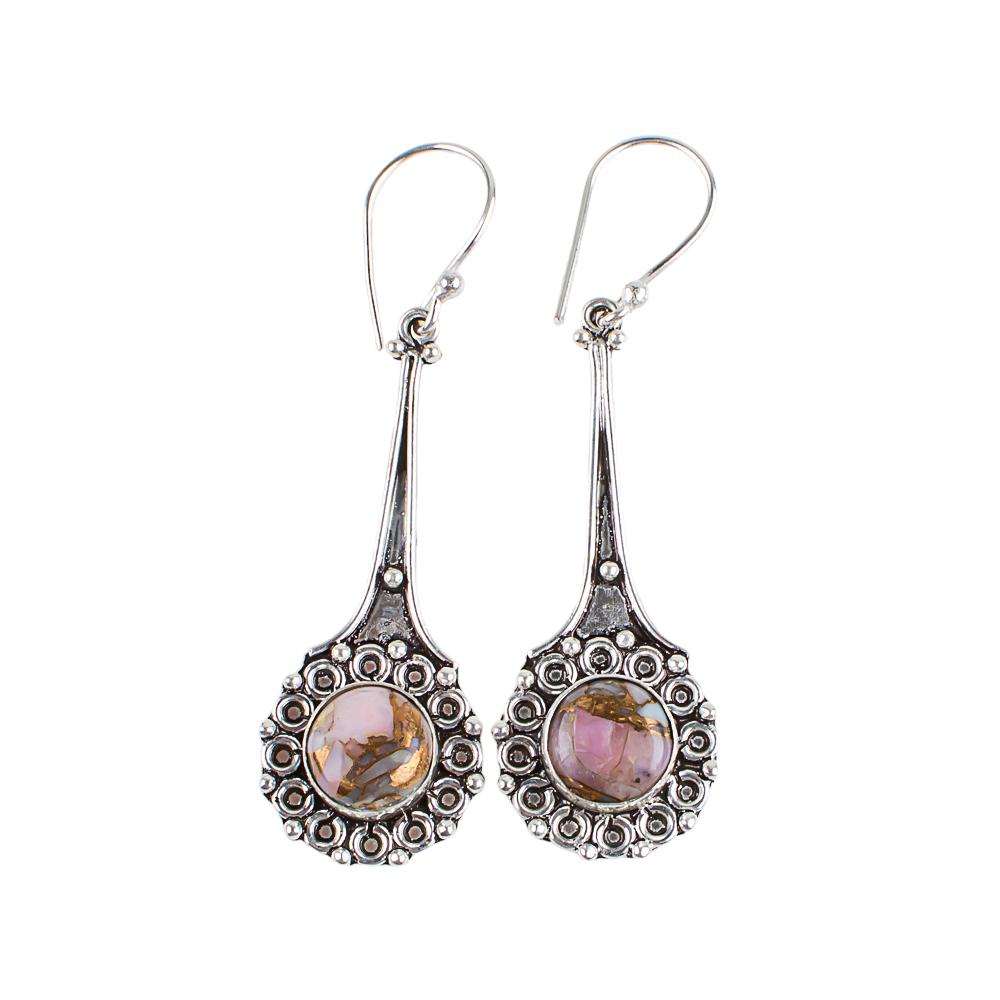 Pink Opal Copper Turquoise Gemstone 925 Sterling Silver Jewelry Earrings 2.52" EE-77-38