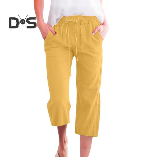 

Женские укороченные брюки средней посадки с эластичной талией, регулируемые повседневные брюки на шнурке с карманами, свободные летние брюки XL жёлтый