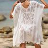 Summer Women V-neck Sexy Hollow Out Oversize Loose Knitted Sweater Bikini Cover Ups for Holiday Seaside Mini Smock Coverall