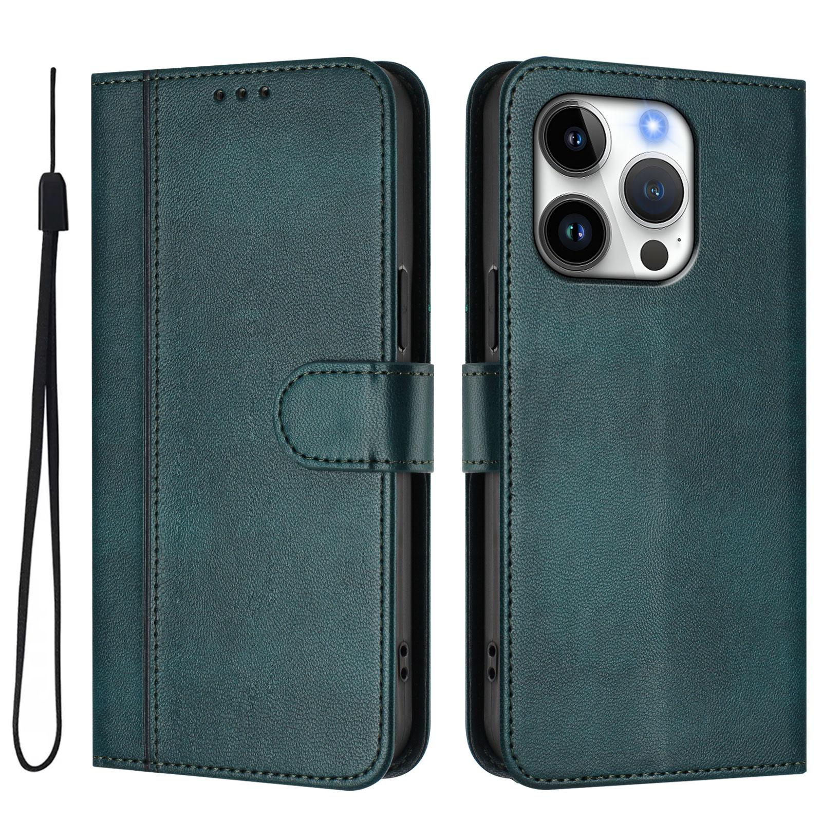 

For iPhone 16 Pro Cases Wallet Stand Retro Texture Leather Phone Cover with Lanyard Dark Green