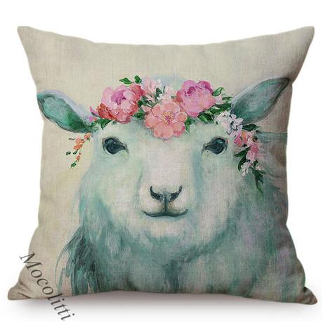 Animal Throw Pillow Case Flowers Water Color Decoration Square Cushion Cover Cattle Horse Alpaca Linen Bed Sofa Cushions Cover