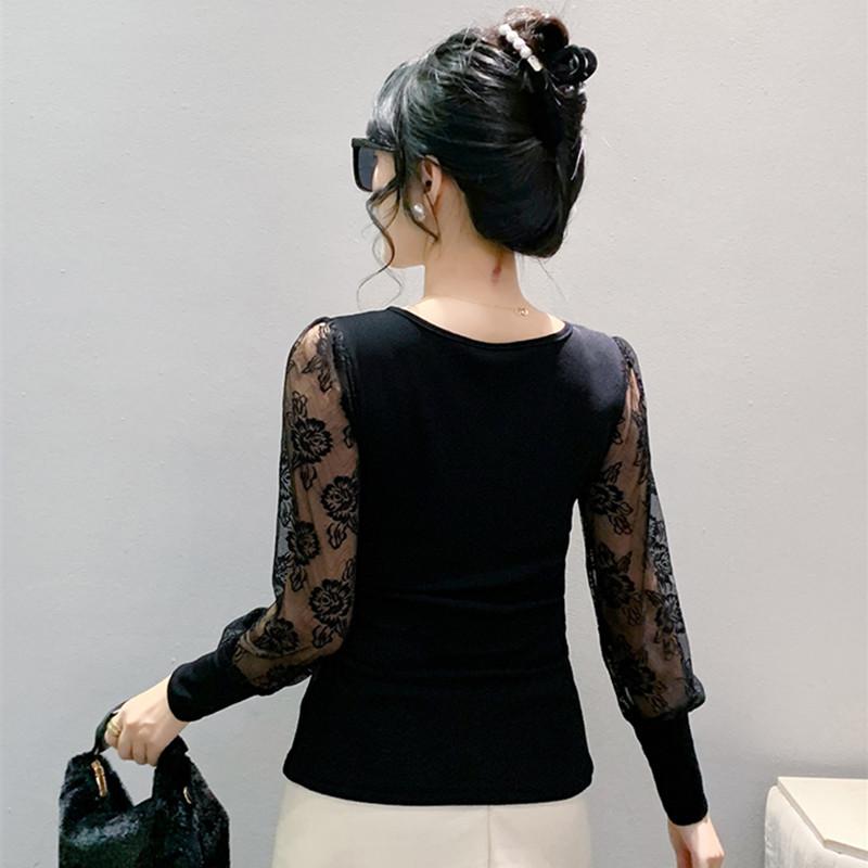 Spring Autumn European Clothes Women's T-Shirt Sexy Lace Long Sleeve Mesh Tops Chic Vintage Luxury Hot Diamonds Tees Shirts