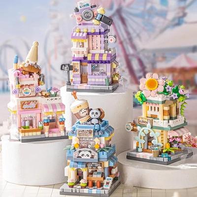 Mini Stadt Cafe Baustein Spielzeug, Eisdiele, Blumenladen, Straßen Szene Cartoon Niedliches Essens Haus, Festival Geschenke