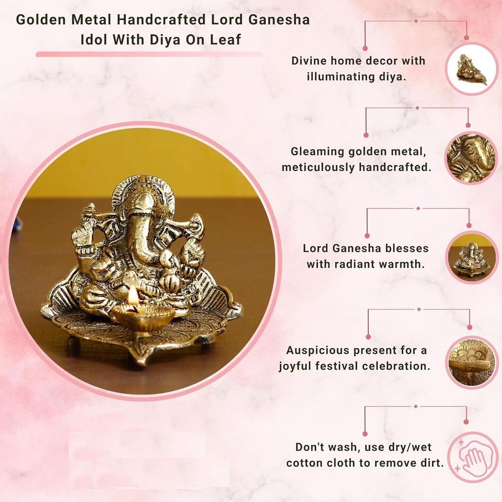 Golden Metal Handcrafted Lord Ganesha Idol with Diya On Leaf - Diya for Diwali, Ganesh Chaturthi - Diwali Diya for Puja Room