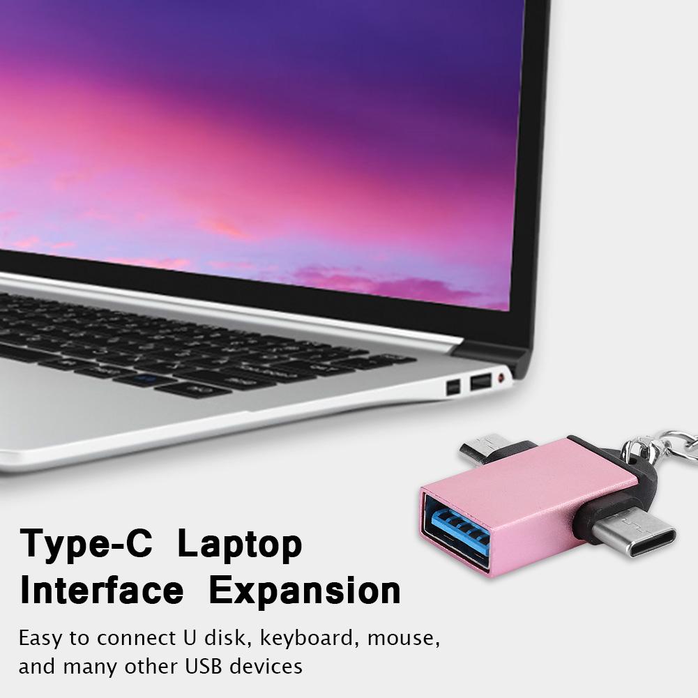 2PCS Aluminium Alloy Shell 2 In 1 OTG Converter USB 3.0 to Micro USB Type C Adapter with Chain for AndroidRose Gold