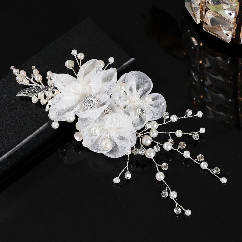 White Silk Flower Hair Clips Elegant Pearls Headpieces Rhinestone Leaf Hairpins Bride Wedding Hair Jewelry Bridal Headdress