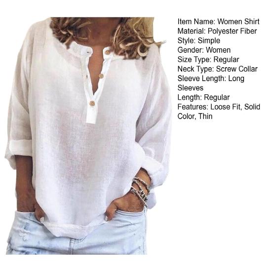Women Shirt V-Neck Long Sleeve Loose Fit Solid Color Blouse Buttons Half Placket Pullover Tops Daily Wear