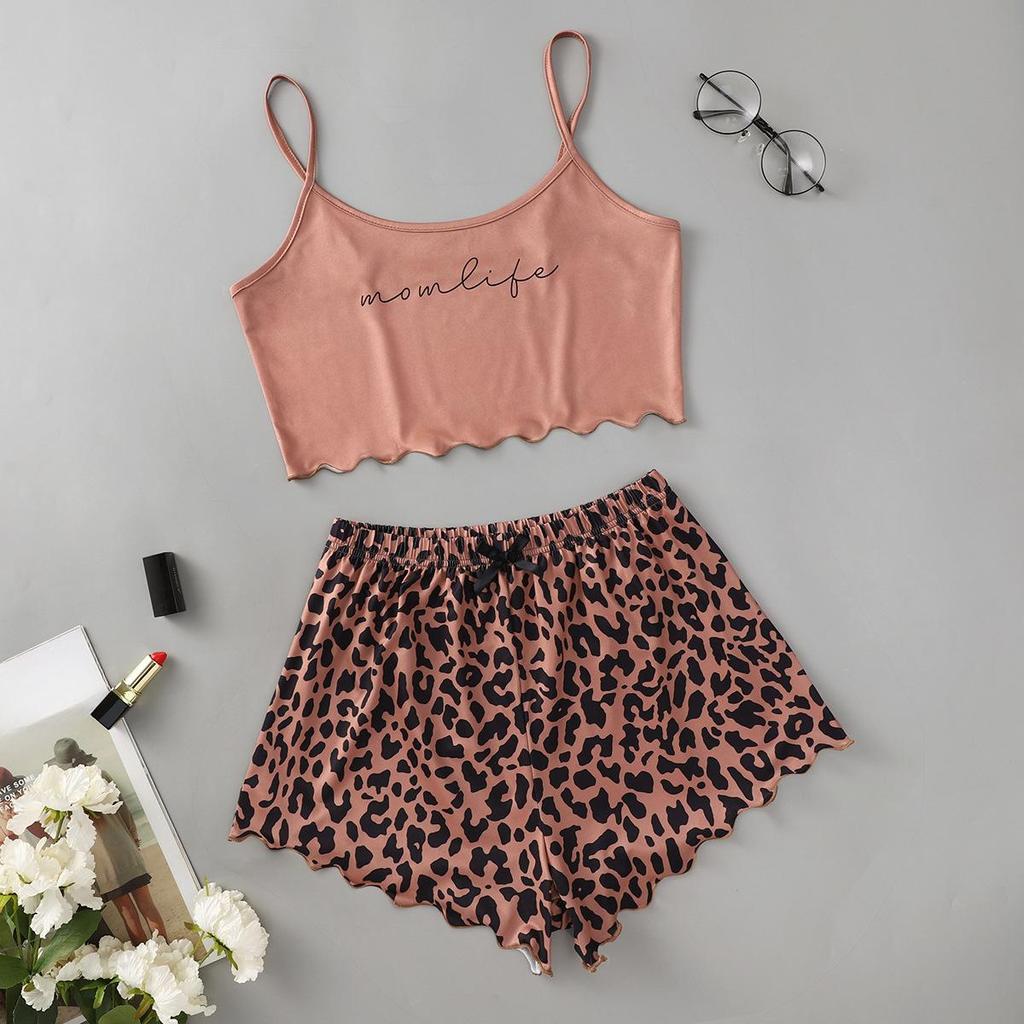 Women's Pajamas Set Sexy Lingerie Leopard Print Sling Sleepwear V-Neck Sleeveless Top and Shorts Sets Pyjamas Homewear