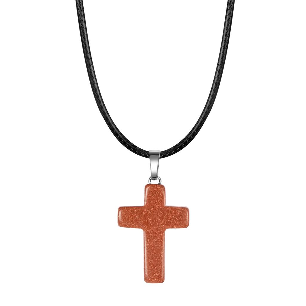 Natural Stone Cross Pendant Necklace Women Men 18inch Black Leather Cord Custom Crystal Choker Chakra Jewelry Findings