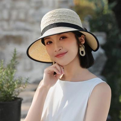 Women's Korean Style Knitted Straw Sun Hat with Large Brim and Bow