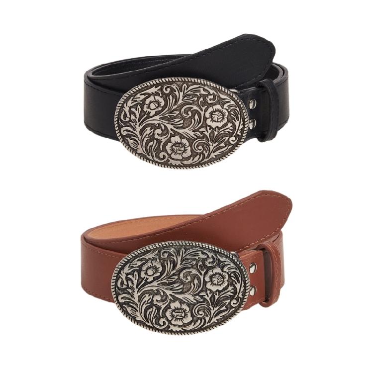 Wear Resistant Adult Waist Belts with Carved Buckle Female Decorative PU Belts