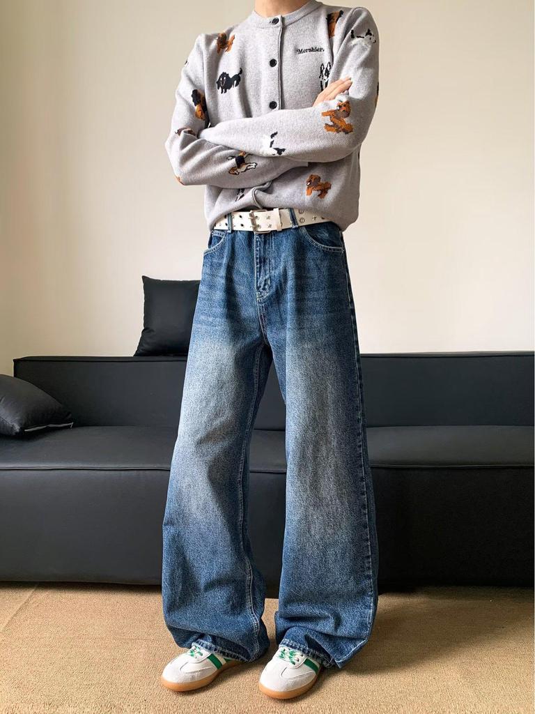 Jeans pour hommes automne coupe ample brodés d'étoiles jambes larges