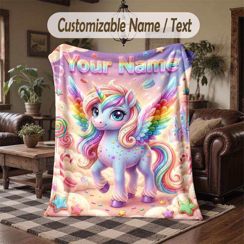 Unicorn Theme Throw Blanket Custom Name Text Personalized Blanket Soft Cozy Blanket for Home Sofa Bed