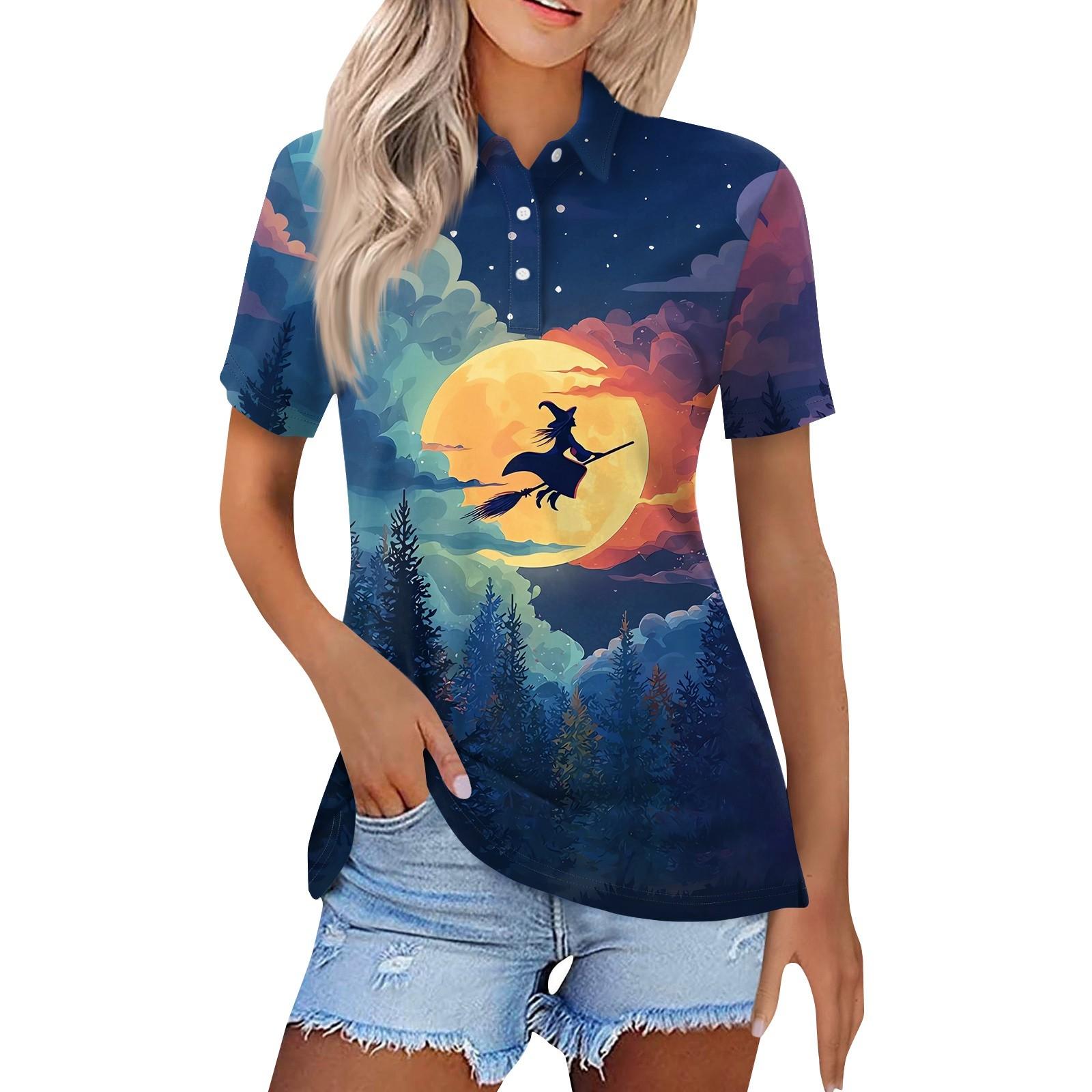 

Женская модная повседневная рубашка с лацканами и короткими рукавами с принтом на Хэллоуин, женские топы на пуговицах S синий