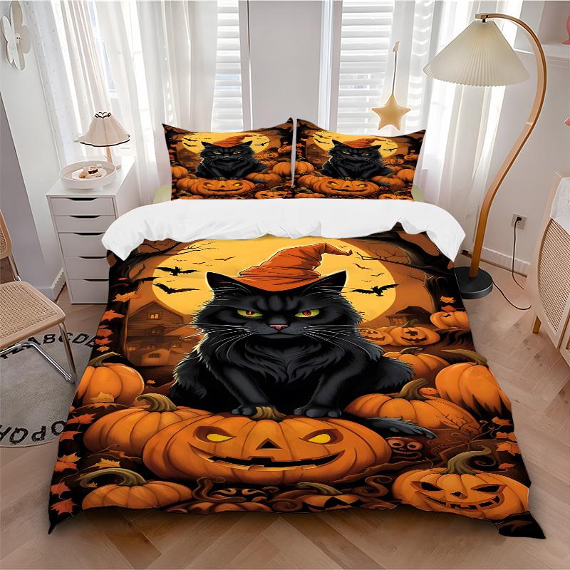 3pcs Cat, Jack-o'-Lantern Duvet Cover Set -Includes 1 Duvet Cover and 2 Pillowcases, No Quilt Core, All-Season Home Decor Yy251111121