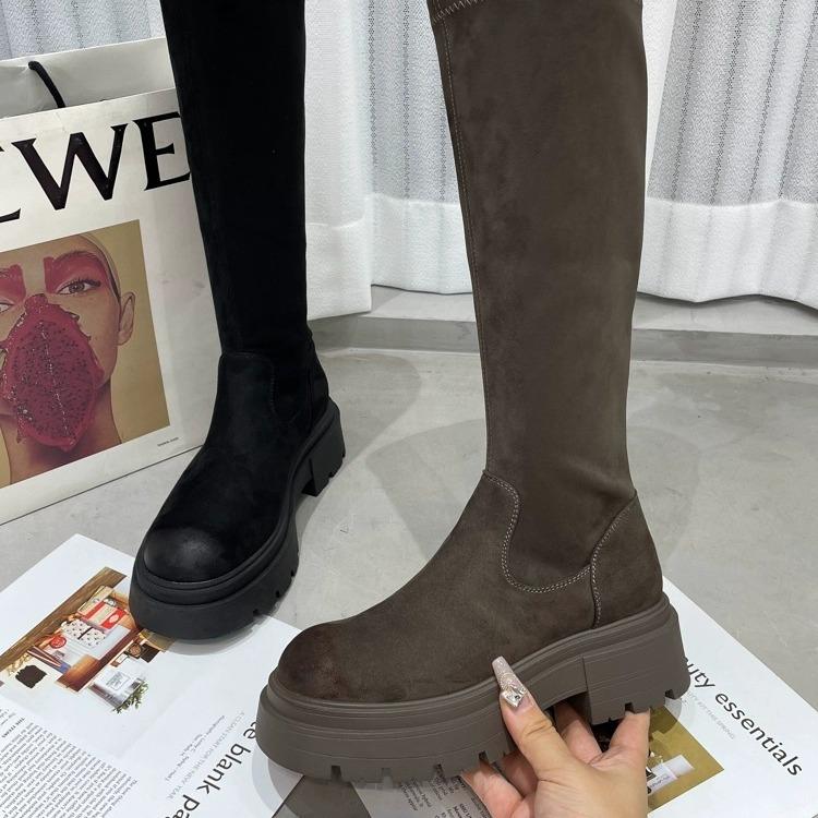 Retro tykksålede høydeøkende slanke støvletter dame små høye støvletter men knehøye støvletter britisk stil støvletter med glidelås bak