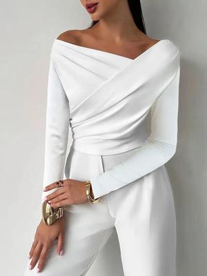 Top elegant asimetric cu umerii goi și mâneci lungi pentru femei - Pulover elastic uni