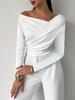 Women's Elegant Asymmetrical Off-Shoulder Long Sleeve Top - Solid Color Stretch Pullover