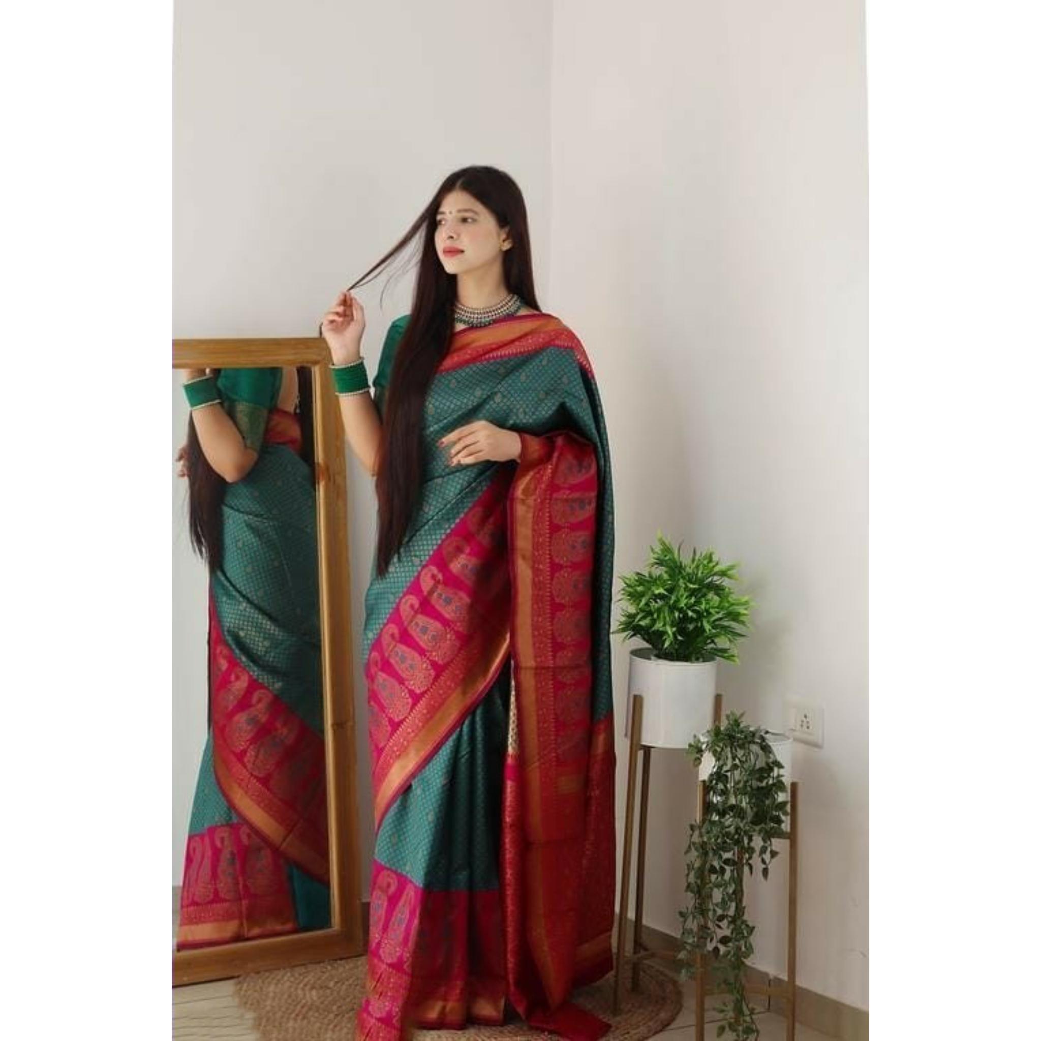 

Индийское традиционное мягкое шелковое сари личи с жаккардовым плетением