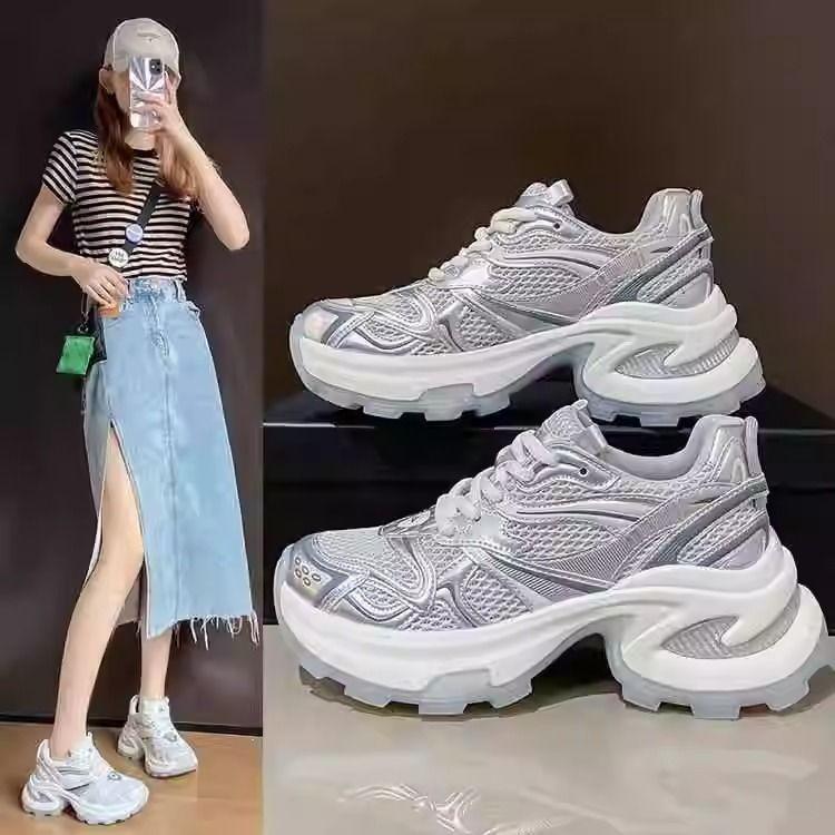 Thick-soled silver dad shoes women's summer new fried street heightening mesh surface lightweight breathable casual sports shoes tide