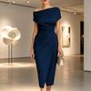 2026 European & American Off-Shoulder Waist-Cinching Pleated Dress, Banquet Commuter Slit, Elegant Evening Gown Dress for Women