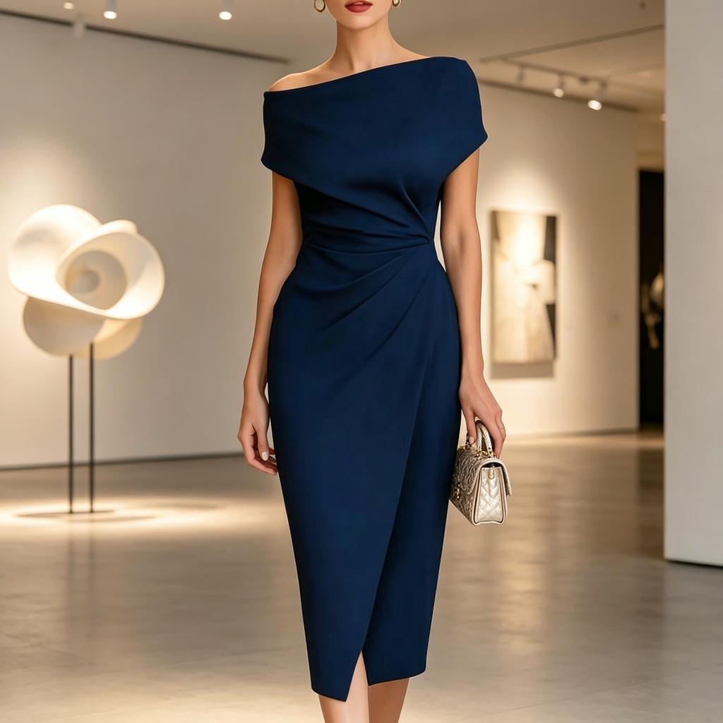 2026 European & American Off-Shoulder Waist-Cinching Pleated Dress, Banquet Commuter Slit, Elegant Evening Gown Dress for Women