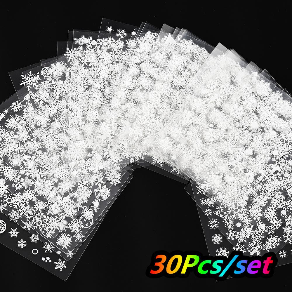 30 Stück Weihnachten Geprägt Glitzer 5D Nagelaufkleber 6*5cm Elch Schneeflocke Bär Schneemann Xmas Aufkleber Winter Maniküre Glitzer Aufkleber