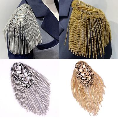 New Rhinestone Shoulder Tassel Epaulet Detachable Gold Brooch Long Chain Badge Clothing Accessories