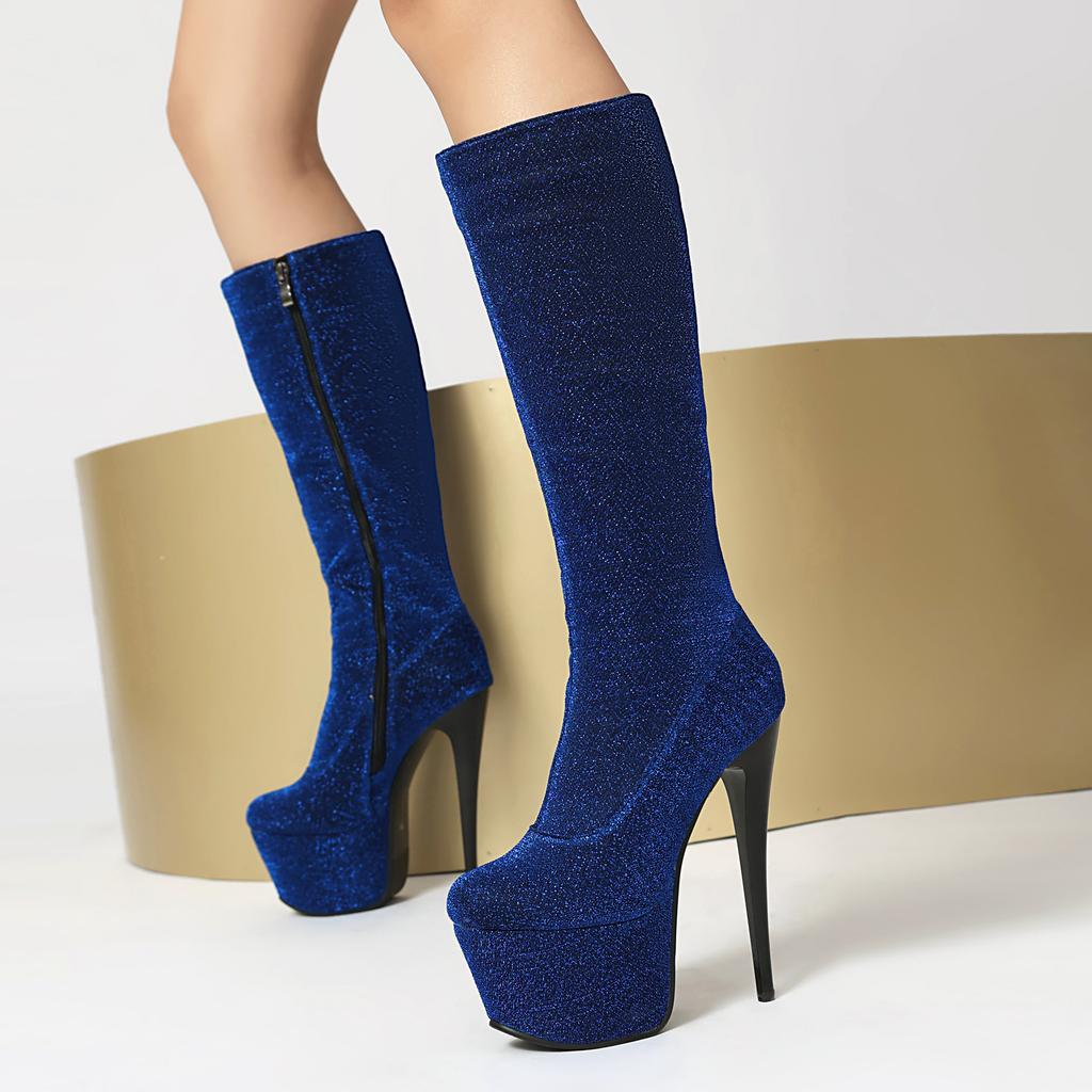 Dámské vysoké kozačky po koleno s třpytkami, sexy klubové boty na platformě na tyč, tenké super vysoké podpatky, flitrované kozačky