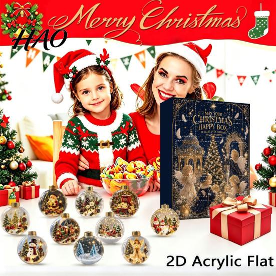 Interactive Holiday Countdown Christmas Advent Calendar, 24 Day Box with Tabletop Decor 2D Acrylic Round Ornaments, Festive Tree Hanging Decorative