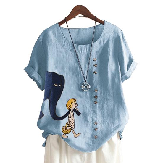Damen-T-Shirt mit Cartoon-Motiv, Elefantenmuster, kurze Ärmel, atmungsaktiv, O-Ausschnitt, lockerer Knopf, Dekor, Sommer, Damen, lässiges T-Shirt, Bluse, Oberteil, Alltagskleidung