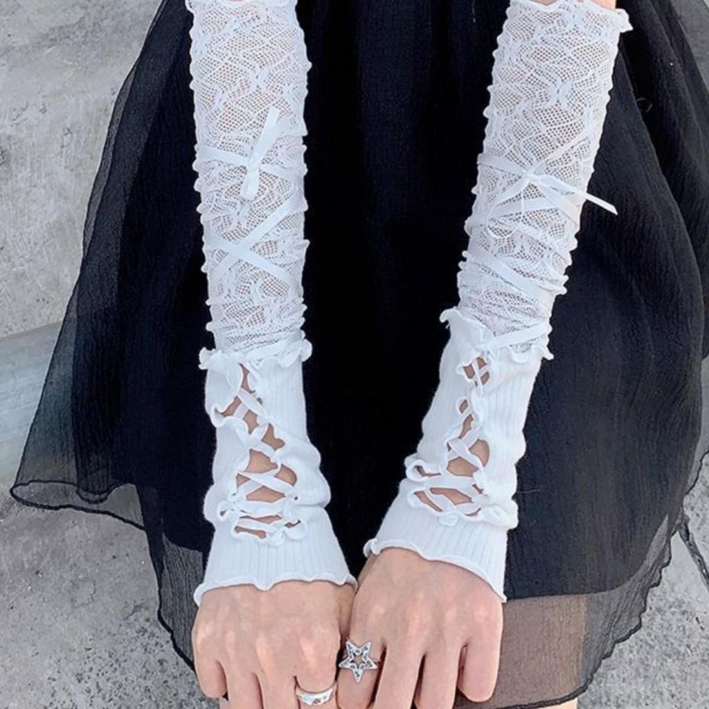 Y2K Ballet-Style Women's White Lace Fingerless Gloves - Thin, Sun Protection, Lace-Up Design