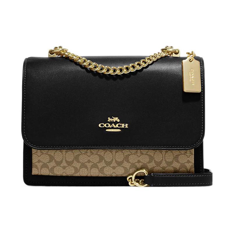 

COACH Klare 22 gold logo classic presbyopic flap multi-function pocket canvas with leather crossbody bag regular women s black with brown чорний